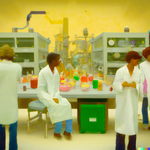 An impressionist oil painting of group of scientists in a nuclear lab.