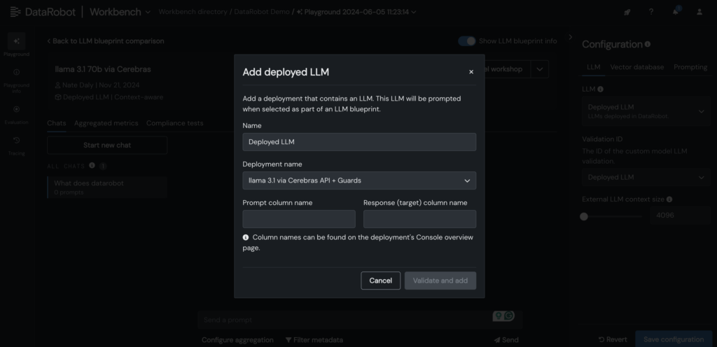 Image of adding an LLM to the playground in DataRobot