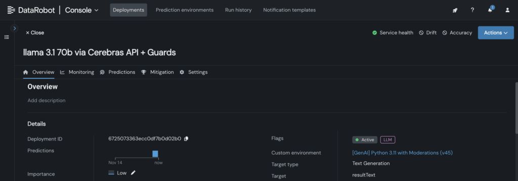 Image of deploying llama 3.1 70B on Cerebras in DataRobot