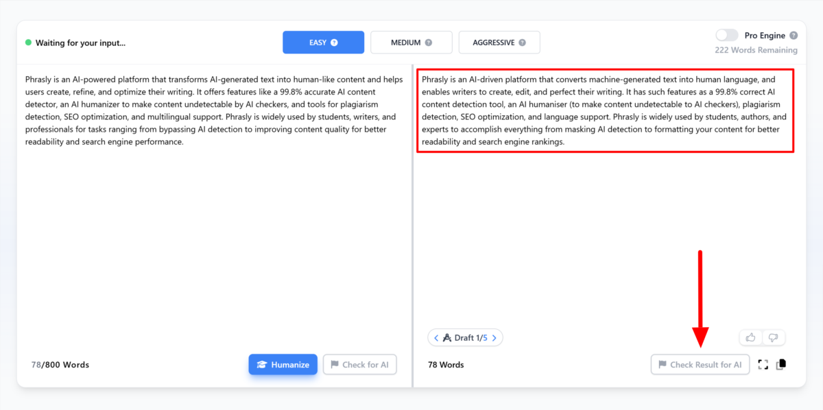 Phrasly generating AI generated text that sounds more humanlike and checking the results for AI.