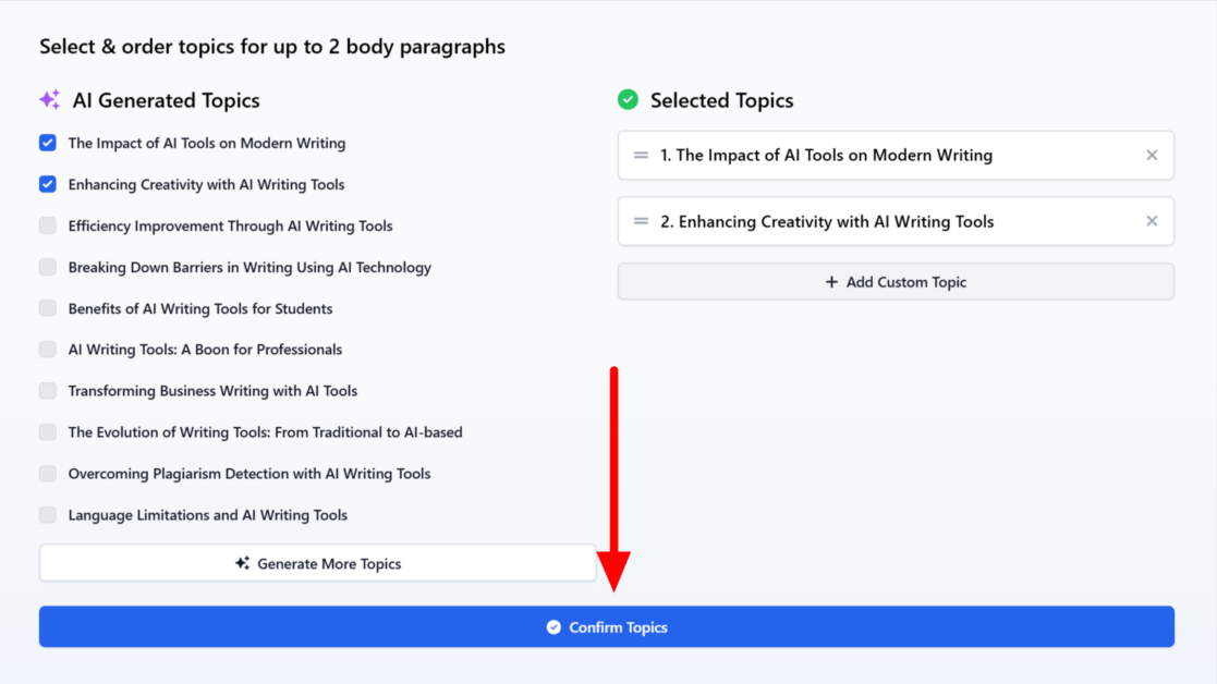 Selecting and confirming two topics to generate an outline with Phrasly.