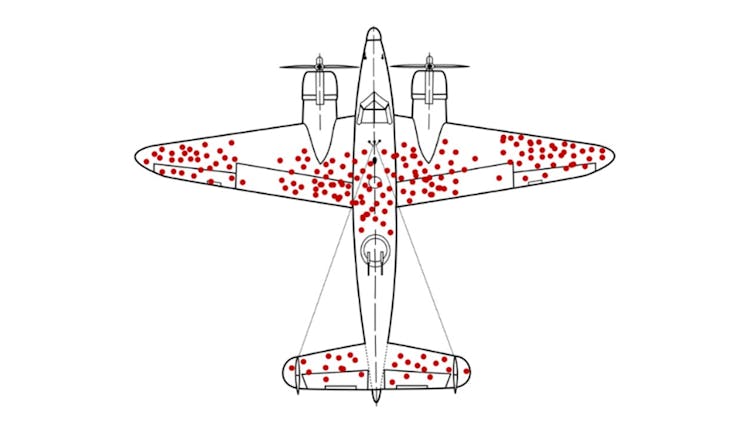 Diagram of airplane with clusters of red dots on the wing tips, tail and cockpit areas